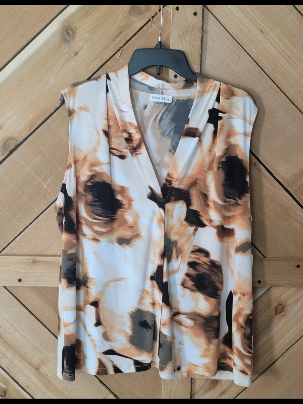 Calvin Klein Cream, Beige & Black Abstract V-Neck Sleeveless Top